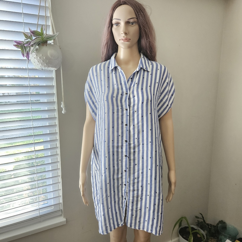 Zara blue vertical stripes Midi button down shirt dress palm trees
